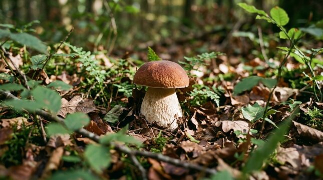Fresh Wild Porcini Mushroom Boletus Edulis Growing in Autumn Forest Floor Surrounded by Fallen Leaves