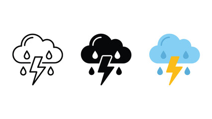 Obraz premium Stormy weather icons showing rain and lightning bolts in line silhouette and flat colored vector style
