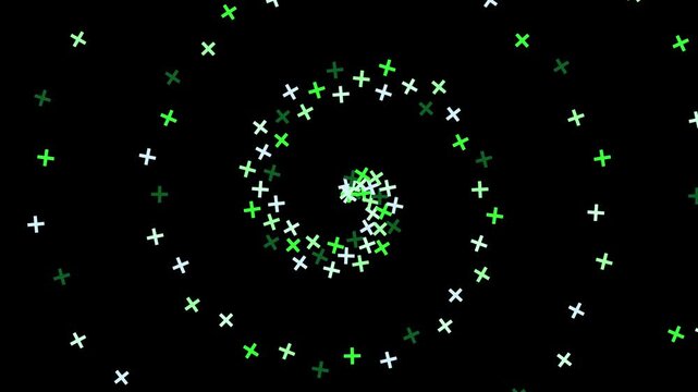 Spiral of Plus Signs: A mesmerizing spiral pattern formed by numerous small plus signs in white and green against a stark black background, creating a sense of depth and motion.