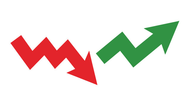Red Downward Trend Arrow and Green Upward Trend Arrow Representing Financial Market Changes and Business Performance