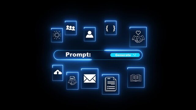 Prompt Engineering and AI Content Generation Concept. neon prompt, AI, media, chatbot, and automation icons representing content creation, smart generation, and digital workflow.4k motion graphics