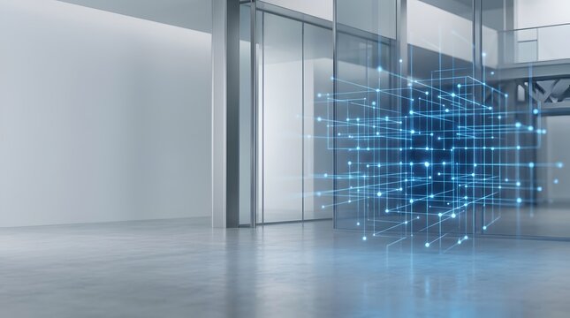 Modern Office Interior with Glowing Blue Digital Network Wireframe Cube
