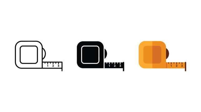 Measuring tape vector graphic icons showing construction tools in flat outline and solid design styles