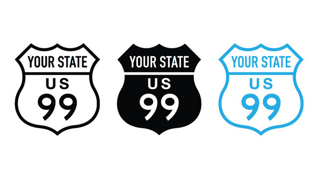 Three highway route marker shield vector signs for american travel roads displayed