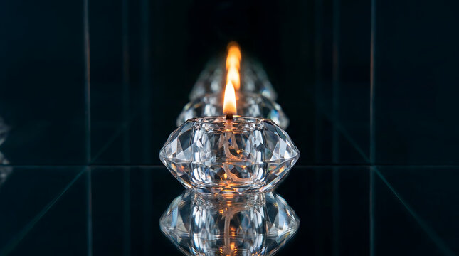 Burning diamond shaped crystal oil candle with infinity mirror reflections on dark background.
