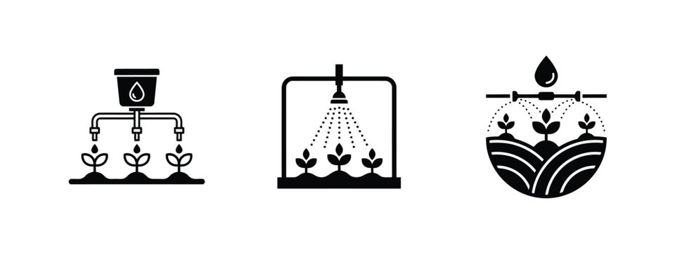 Set of agricultural irrigation icons, watering systems, drip irrigation, overhead sprinklers, vector illustration