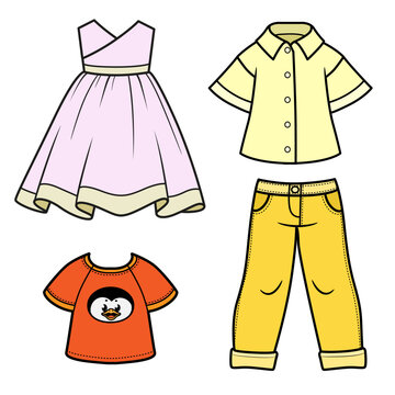 Beautiful casual clothes jeans, summer dress, blouse and T shirt on a white background
