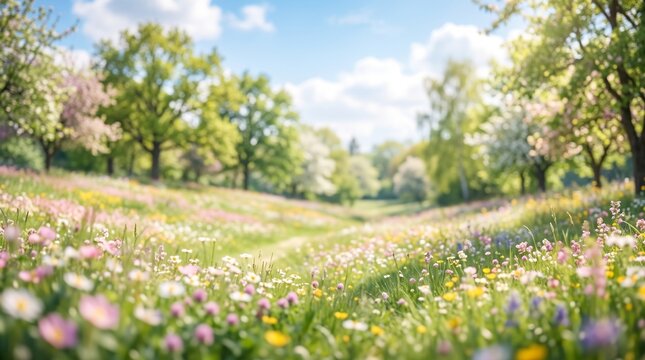 Beautiful sunny meadow with colorful wildflowers and green trees
