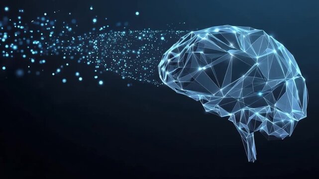 Abstract illustration of a glowing, polygonal human brain constructed from interconnected lines and dots. ..Created with Generative AI, not depicting real subjects.