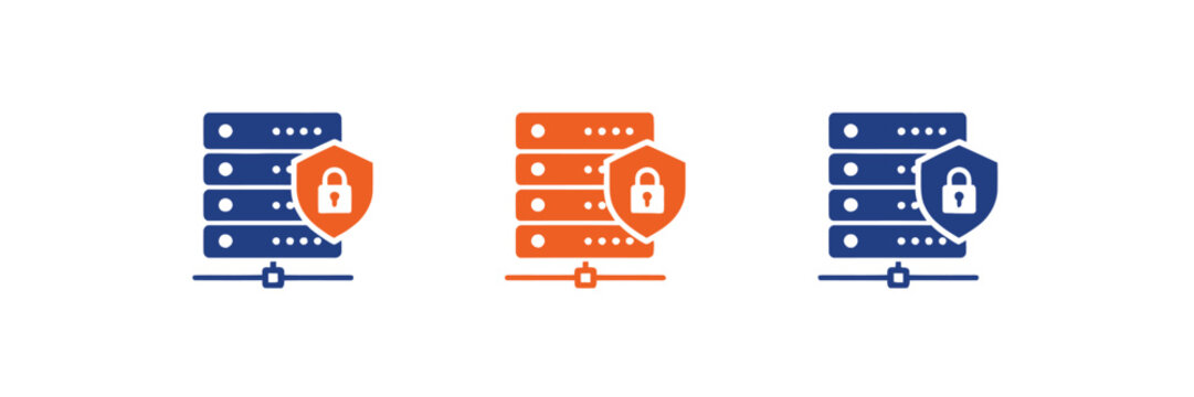 Set of three secure server icons with shield and padlock symbol