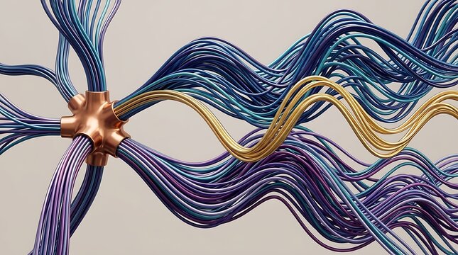 Flowing colorful cables converging at copper hub symbolizing connectivity, data transmission, and network systems&rdquo;