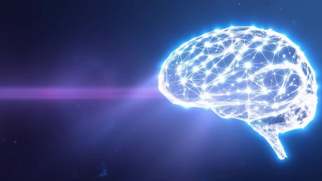 A luminous digital rendering of a human brain, intricately composed of glowing blue nodes and connecting lines. ..Created with Generative AI, not depicting real subjects.