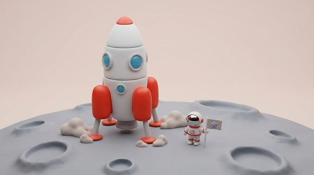 Toy rocket and astronaut on cratered lunar surface symbolizing playful space exploration and imagination&rdquo;