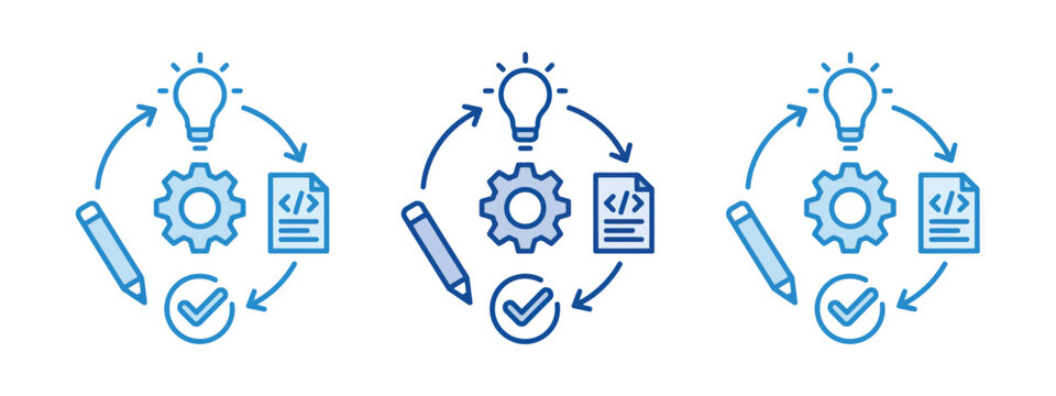 Development process workflow icons showing idea, coding, testing, and planning steps