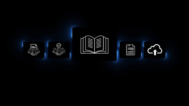 Digital learning and knowledge management concept with open book icon, cloud storage, education, courses files, and education technology interface screen for e-learning and online study..