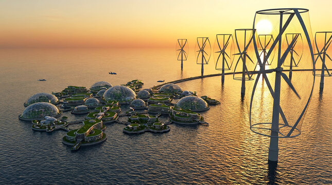 Futuristic Floating Eco City with Biodomes and Offshore Wind Turbines at Sunset.