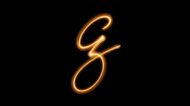 Glowing cursive letter g written with light painting technique in dark background