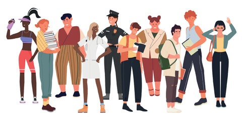 Obraz premium Modern society concept, crowd of people vector illustration. Cartoon multicultural international man woman characters group, friends, family with child standing together, population isolated on white