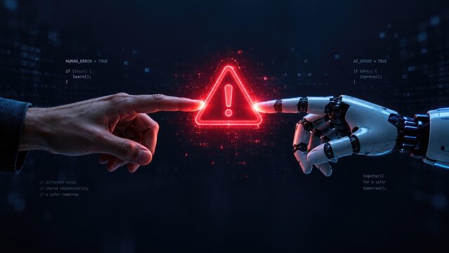 Human and robotic hands reaching toward a glowing red exclamation warning icon between them against a dark blue digital background with subtle code particles symbolizing AI error interaction