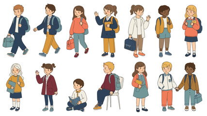 Fototapeta premium Colorful cartoon children in various school activities.