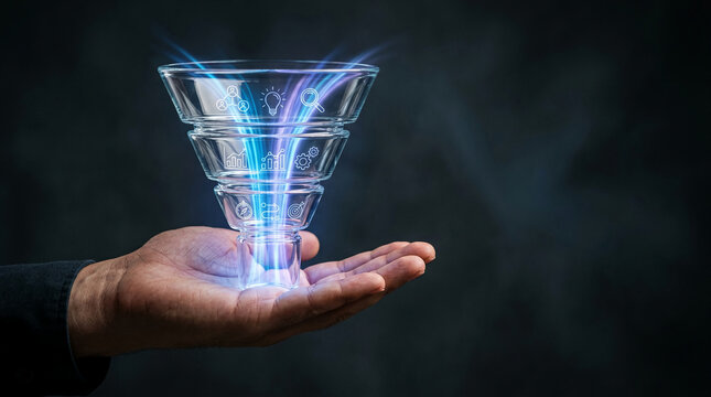 A hand holds a glass funnel with glowing digital icons, symbolizing business strategy, data analysis, and idea generation