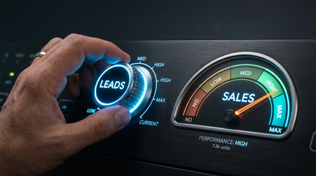 Hand adjusting leads dial on a control panel, showing sales performance meter, representing business growth and success.