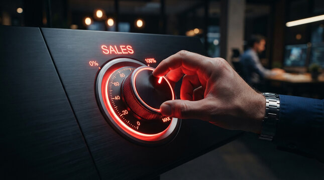 Hand adjusting a control knob labeled SALES, with a percentage dial, symbolizing business growth and performance management