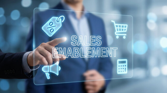 Man touching screen with sales enablement icons, representing business growth and strategy, digital interface showcasing commerce tools, business concept