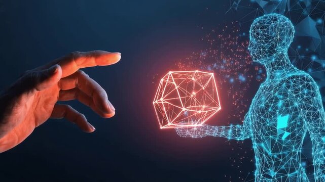 A human hand reaches out to a digital being, a polygonal representation of a human form composed of glowing lines and data points. ..Created with Generative AI, not depicting real subjects.