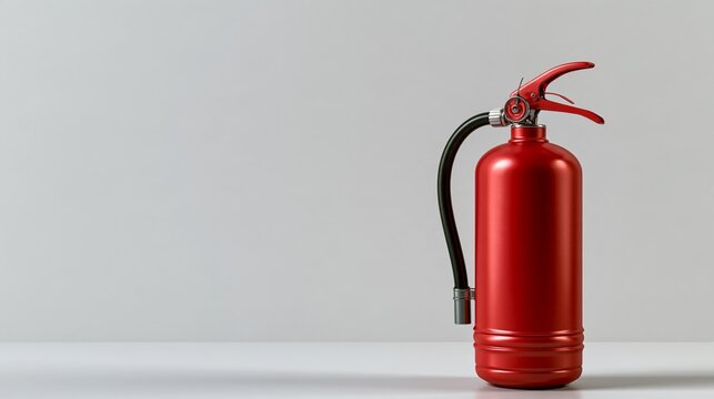 Funny winter emergency photo: a small fire extinguisher standing in a corner looking ready, on a bright white background with copy space.