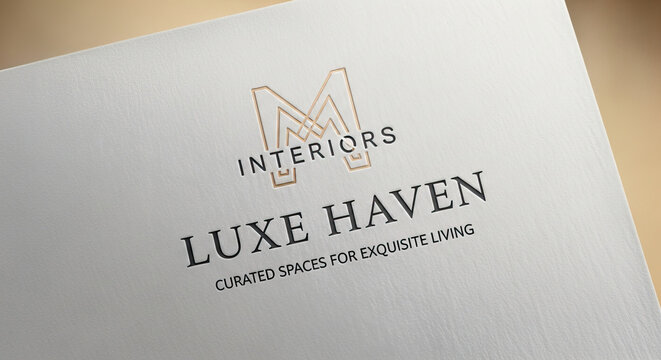 A printed card displaying a luxury interior design company's logo and slogan.