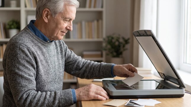 Senior man placing a photograph on a flatbed scanner