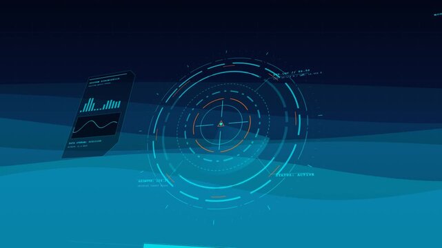 Professional 3D perspective sci-fi HUD target interface with rotating circular elements, dynamic telemetry data meters, live waveform oscilloscope, and animated dark blue wavy canvas background.