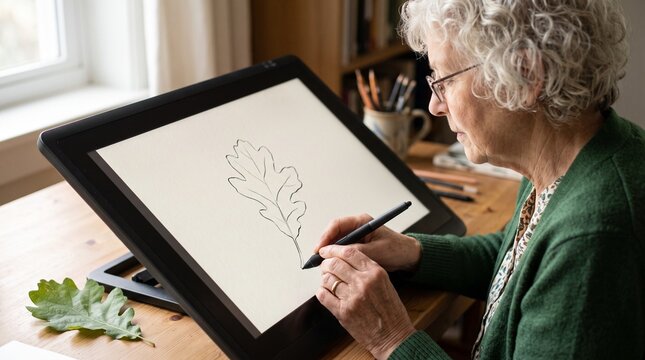 Senior woman drawing a leaf on a digital pen display
