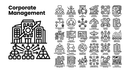 Obraz premium Corporate Management Icons: A collection of detailed line art icons representing various aspects of corporate management.
