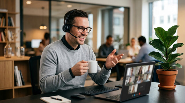 Man wearing headset and glasses, holding mug, talking on video call. Represents remote work, virtual meeting, business communication.