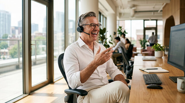 A man in a white shirt laughs while wearing a headset in a modern office, symbolizing good customer service and a positive work environment