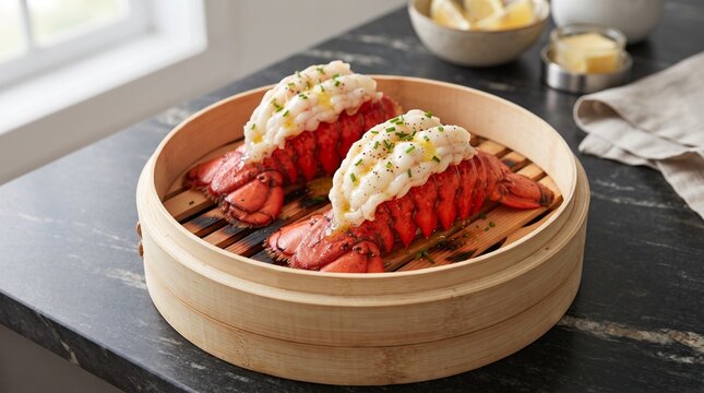Steamed Lobster Tails on Cedar Plank Lattice in Bamboo Steamer