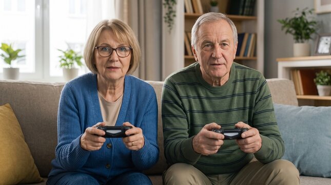 Two older adults playing a video game together