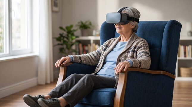 Senior woman using a virtual reality headset while seated