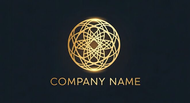 Elegant gold geometric logo on dark background with placeholder text.