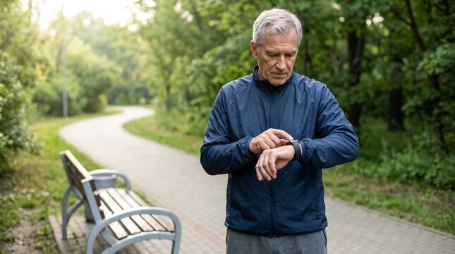 Older man checking his smartwatch beside a park exercise bench