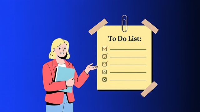 Business woman presenting a to do list with completed tasks on a yellow paper