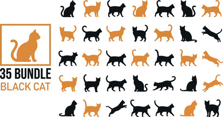Obraz premium Black cat silhouette bundle, 35 orange and black kitten vector icons, minimalist feline pet poses set for Halloween and animal branding