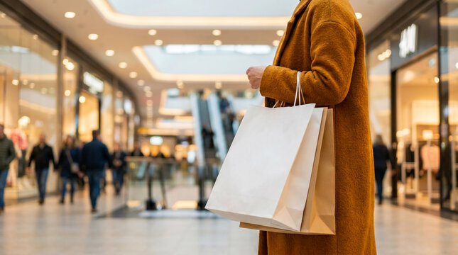 A person in an orange coat holds shopping bags in a mall, symbolizing consumerism, retail, and leisure.
