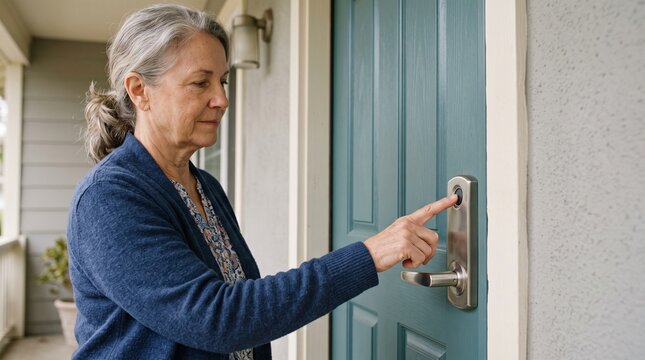 Senior woman touching a fingerprint sensor on her front door lock