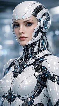 Portrait of a Humanoid Robot with Realistic Face and Metallic Armor
