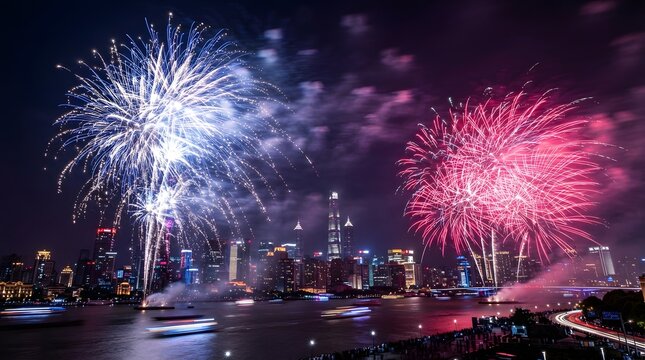 Vibrant fireworks display illuminating a city skyline at night with colorful explosions