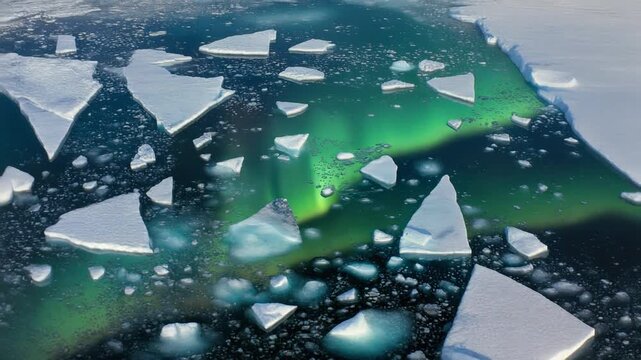 Arctic Aurora Borealis Over Icy Ocean Surface, Northern Lights Reflection