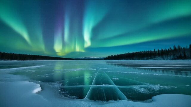 Aurora Borealis Over Frozen Lake and Forest at Night